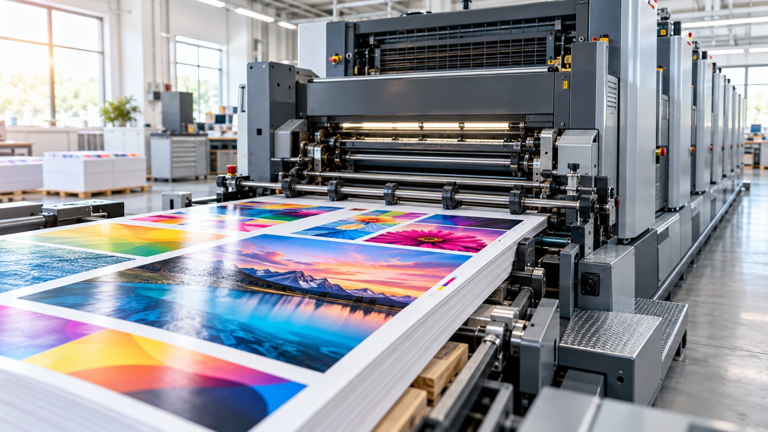 Commercial printing press producing colorful printed sheets