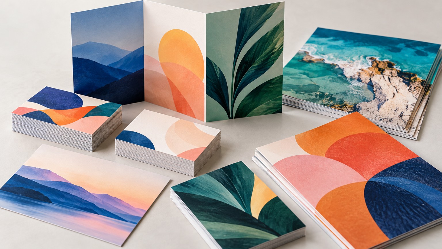 Colorful printed cards, brochures and promotional materials
